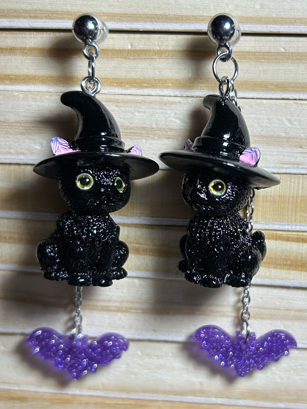 3/$25 Black Witch Cat Drop Earrings with Purple Bat Charms